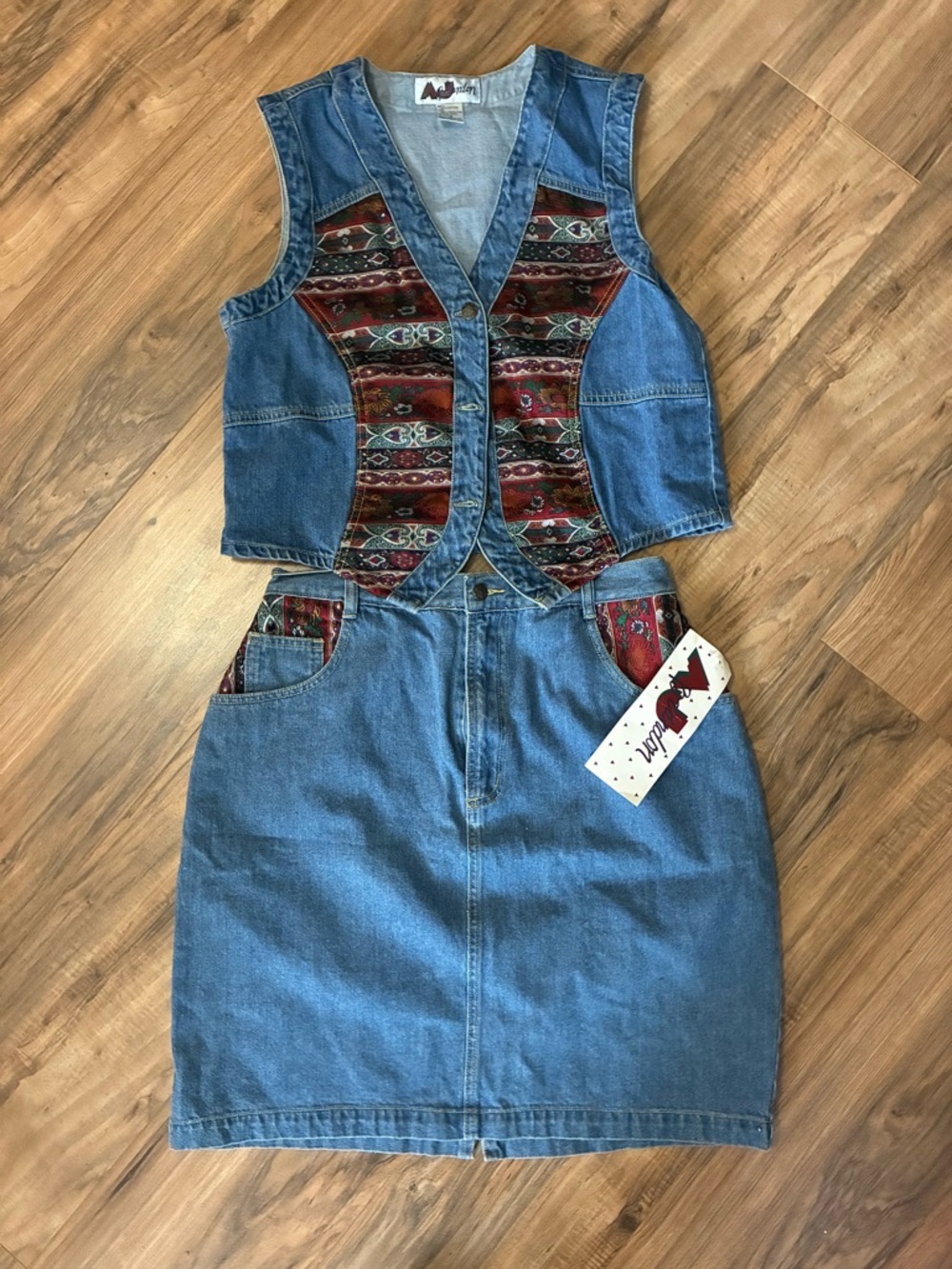 Denim Vest & Skirt Set in Blue with Red Patterned Accents
